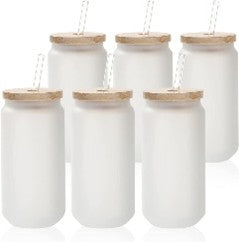 Frosted Glass Beer Can Tumbler - 18 oz with Bamboo Lid & Straw