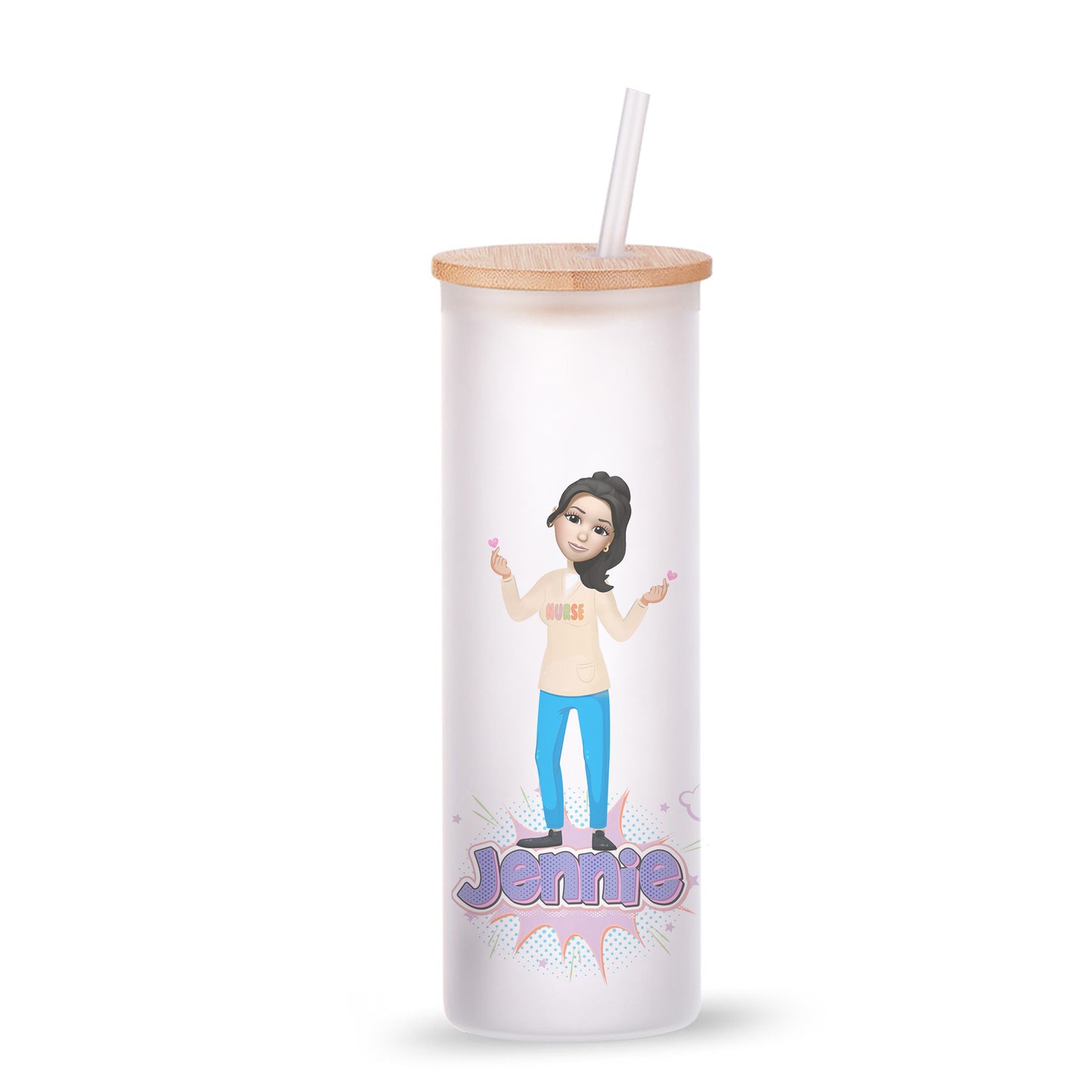 Personalized Frosted Glass Tumbler – 17 oz | Bamboo Lid & Glass Straw