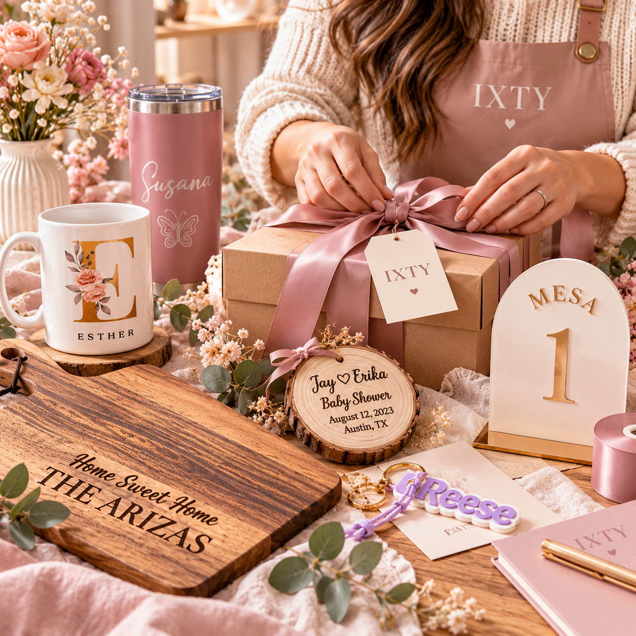 Personalized pink tumbler, white mug and name keychain by IXTY
