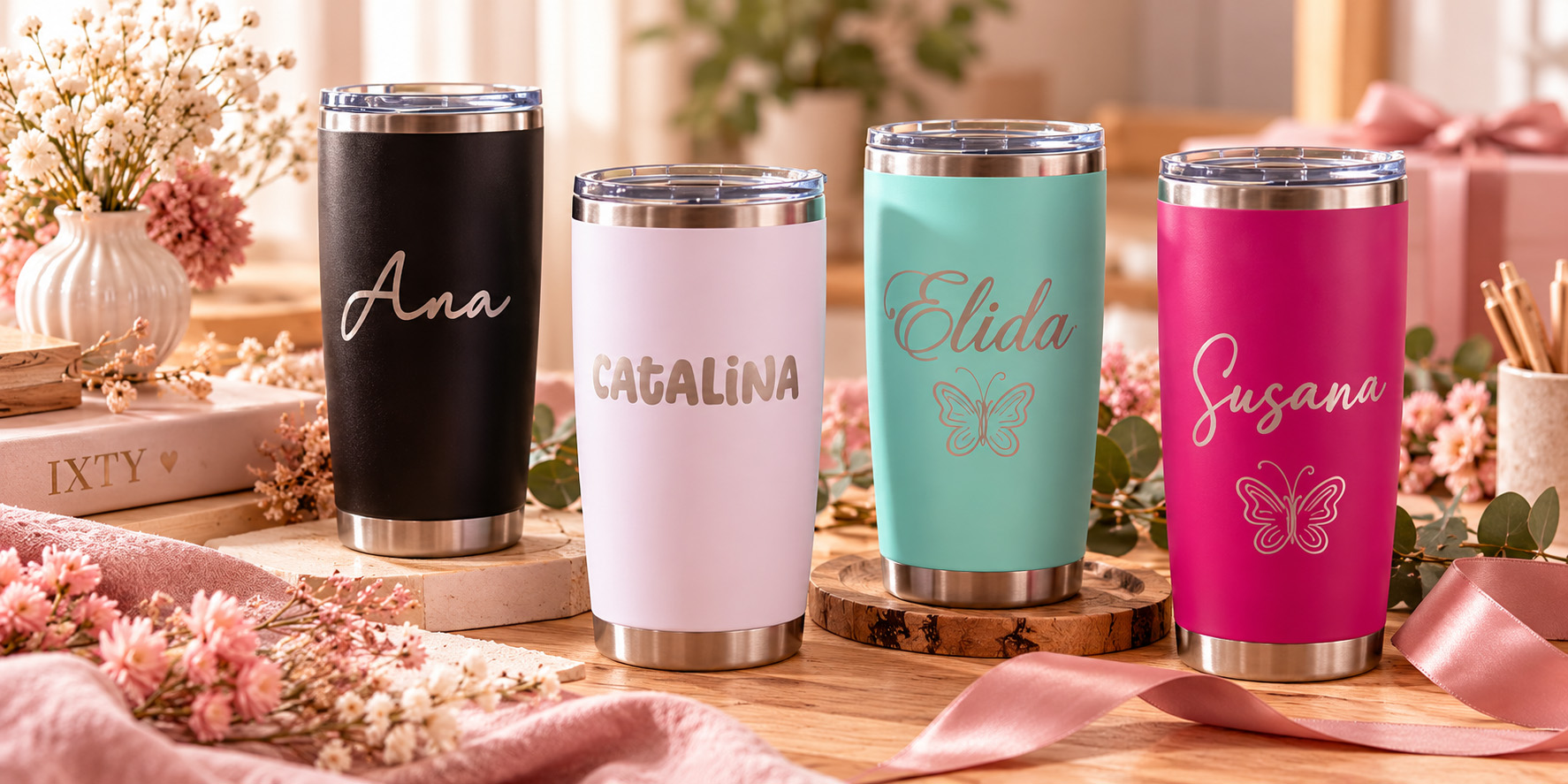 Personalized tumblers in charcoal and cream